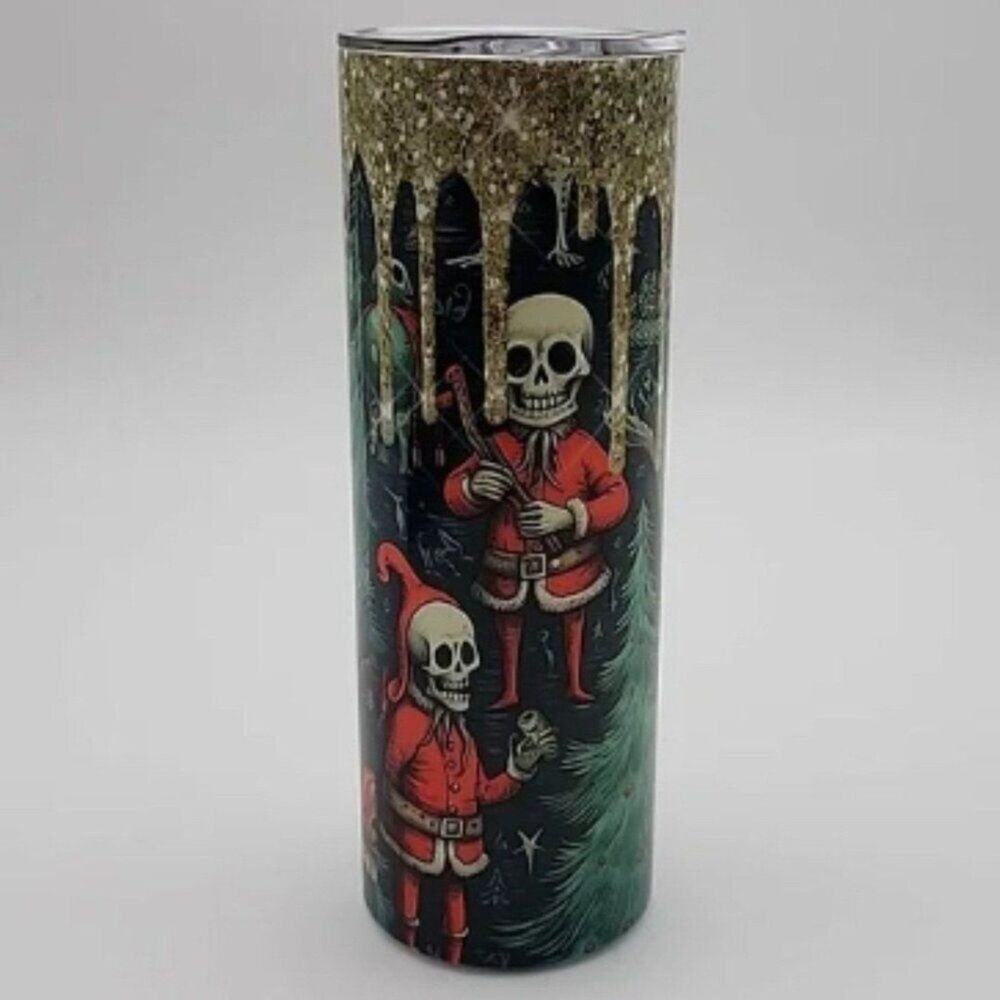 Christmas Dark Santa Elf Tumbler With Lid & Straw 20 oz Tree Garland Gothic Yule